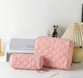 Quilted cotton makeup bag set with blue bow pattern and orange checkered design - Pink Grid with Bow