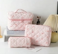 Pink checkered quilted cotton cosmetic bag set with small bows and top handle - White with Pink Bow