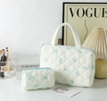 Quilted cotton storage bag set with light blue bow pattern and matching zipper - White Background Blue Bow