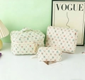 3-piece set of quilted floral cotton makeup bags with red and green vintage patterns - French Garden