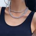 Collier multicouche à grosses mailles argentées pour hommes et femmes style punk - Argenté