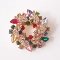 Exquisite golden flower wreath brooch with colorful rainbow crystals and leaf accents - Multicolor Wreath Style