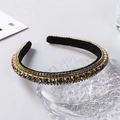 Detail of grey rhinestones on black velvet headband with golden metal settings - Grey Rhinestone