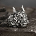 Vintage silver oxidized metal ring featuring a detailed Japanese Oni Mask motif for men - Adjustable Open / Antique Silver