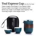 Portable dark green ceramic travel tea set with insulated teapot, two cups and carry case - Yunqi 1 Pot 2 Cups - Dark Green