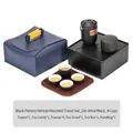 Portable black ceramic travel tea set with teapot, tea caddy, cups and leather bag - Yunqi 1 Pot 4 Cups + Tea Canister + Tray - Matte Black (Blue Case)