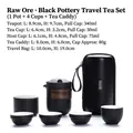 Portable matte black ceramic travel tea set with wood grip and carbon fiber case - Yunqi 1 Pot 4 Cups + Tea Canister - Matte Black