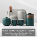 Portable dark green ceramic travel tea set with mountain relief and storage bag - Yinshan 1 Pot 6 Cups + Tea Canister - Dark Green