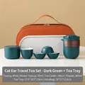 Portable ceramic cat-ear travel tea set in dark green with orange leather carrying case - Yunqi 1 Pot 4 Cups + Tea Canister + Tray - Dark Green (Brown Case)
