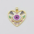 Pink evil eye heart pendant in gold finish with colorful zircon stones on white background - Purple Evil Eye Hollow Heart (Style A)