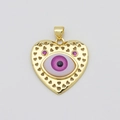Ciondolo a cuore dorato con malocchio, accenti in zircone rosa e cornice a cuore traforata - Malocchio Rosa-Viola Motivo Cuore (Stile E)