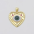 Ciondolo a cuore dorato con occhio verde e zirconi rosa su cornice con motivi a cuore - Malocchio Verde Motivo Cuore (Stile F)