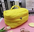 Bright yellow floral quilted makeup bag with portable handle and metal zippers - Large Handheld (25x17x13cm) / Bright Yellow