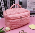 Pink quilted floral makeup bag with macaron color and top handle for portable storage - Large Handheld (25x17x13cm) / Pink