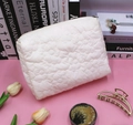White quilted floral makeup bag with 3D flower pattern and zipper closure on pink background - Small Pouch (23x16.5x7cm) / Off White