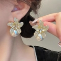 Exaggerated golden flower earrings with pavé crystals and large white pearls - Gold Lily With Large Artificial Pearl Style
