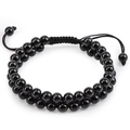 Double layer black beaded stone bracelet with adjustable handmade woven braided cord - 8mm Black Agate Double Row Bracelet