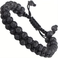 Detail showing the porous black lava stone beads and adjustable woven cord of the bracelet - Double Layer Volcanic Stone / Small Bead Style