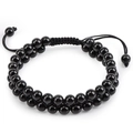 Handmade double-layer black obsidian beaded bracelet with adjustable braided rope for men - Double Layer Black Agate / Large Round Bead Style