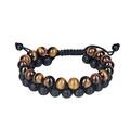 Double-layer Tiger Eye and lava stone bead bracelet with adjustable woven strap - Double Layer Volcanic and Tiger Eye / Large Round Bead Style