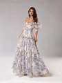 Schulterfreies Maxikleid aus Organza mit Blumenmuster und gestuftem Rüschenrock - S / Blau