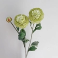 Faux light green Persian buttercup flower with two blooms and a bud on flocked stem - Green