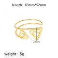 Detailed view of a gold open bangle showing 63x52mm dimensions and geometric triangle ends - Geometric Hollow Triangle (Gold 9)