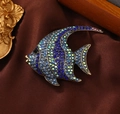 Vintage gold fish brooch with blue and purple rhinestones on brown satin silk - Tropical Fish Shape / Blue