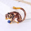 Brown enamel cat brooch with green gem eyes and blue pearl ball accessory - Brown