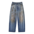 Detailed view of dirty-wash effect and vintage distressing on wide-leg denim jeans - XS / Dirty Wash Blue