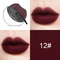 Matte velvet lipstick shade 12 deep reddish brown with lip-shaped case and lip swatches - 12# Reddish Brown