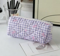 Trousse de maquillage matelassée à carreaux violets avec imprimé nœud rose et fermeture - Petite Trousse à Crayons / Pochette de Rangement