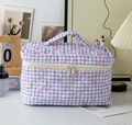 Trousse de maquillage à carreaux violets avec nœuds roses et poignée de transport - Grande Trousse de Maquillage à Main / Boîte de Rangement
