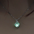 Luminous heart-shaped pendant necklace with glowing emerald green stone in silver finish - Yellow-Green Luminous Mother Child Heart (NY198)