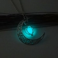 Luminous crescent moon necklace with teal glow pendant and silver filigree detail - Blue-Green Luminous Moon Pumpkin (NY353)