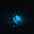 Luminous crescent moon necklace with blue glow in the dark bead and hollow metal pendant - Blue-Green Luminous Moon Pumpkin (NY363)