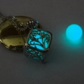 Luminous square hollow cage pendant necklace with a blue glowing bead and silver chain - Blue-Green Luminous Cube (NY277)