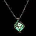 Luminous silver necklace with square hollow pendant glowing green tree pattern - Yellow-Green Luminous Cube (NY278)