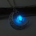 Luminous hollow moon pendant necklace with glowing blue bead and silver metal chain - Sky Blue Luminous Moon Pumpkin (NY352)