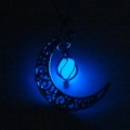 Luminous crescent moon necklace with hollow silver filigree and glowing blue bead - Sky Blue Luminous Moon Pumpkin (NY362)