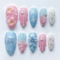Unghie finte a mandorla fatte a mano con conchiglie 3D, fiori e perle blu macaron - Stile Perlina Cuore Stella Macaron (3XB1-14275)
