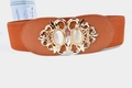 Women's elastic wide waist belt in caramel brown with vintage gold flower buckle - 65cm / Camel