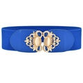 Royal blue elastic wide waist belt with golden filigree buckle and yellow gemstone - 65cm / Blue