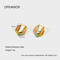 Macro view of gold stainless steel hexagonal earrings with rainbow pavé rhinestones - Colorful Rhinestone Geometric Style (DFE469CR)