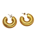 Polished gold-plated stainless steel hoop earrings with textured croissant pattern design - Stainless Steel / Gold Threaded Croissant Hoop (6#)