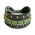 Elastic wide headband with colorful ethnic geometric print in green and pink on black base - Printed Wide Headband #26 / Factory Direct Sales [customizable Designs Available] [bulk Discounts]