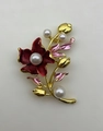 Gold-plated flower branch pendant with red enamel, white pearls and pink leaves - White Frosted Flower (3928)