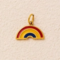 Detail of a golden rainbow charm pendant with vibrant red, yellow, and blue enamel finish - Three-Color Enamel Rainbow Pendant