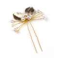 Horquilla en U dorada con hojas, perlas blancas y diamantes para peinados de novia - Estilo de Hoja / Dorado