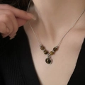 Tiger eye stone pendant necklace with silver snake chain on black knit sweater - 8# Silver Style